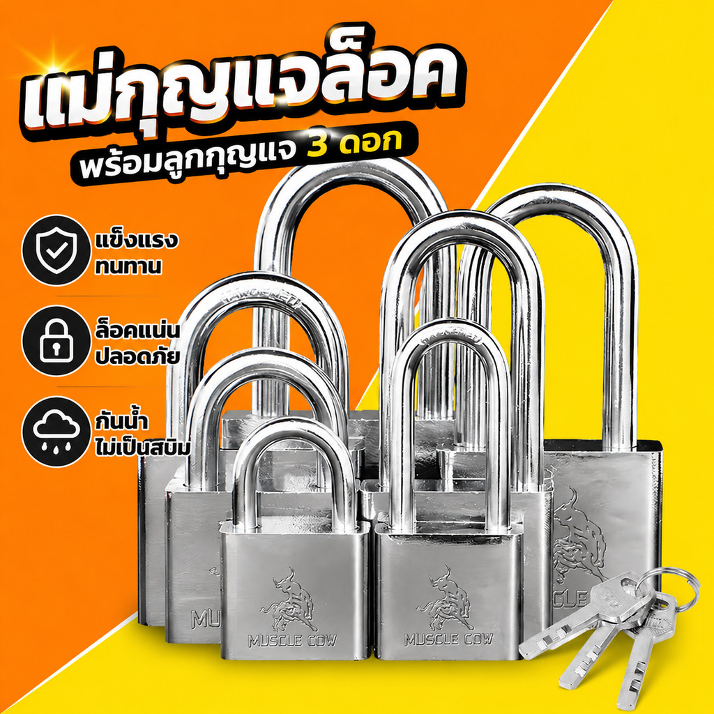 MUSCLE COW แม่กุญแจล็อค พร้อมลูกกุญแจ 3 ดอก สีเงิน แม่กุญแจลูกปืน 30mm 40mm 50mm ยาวและสั้น