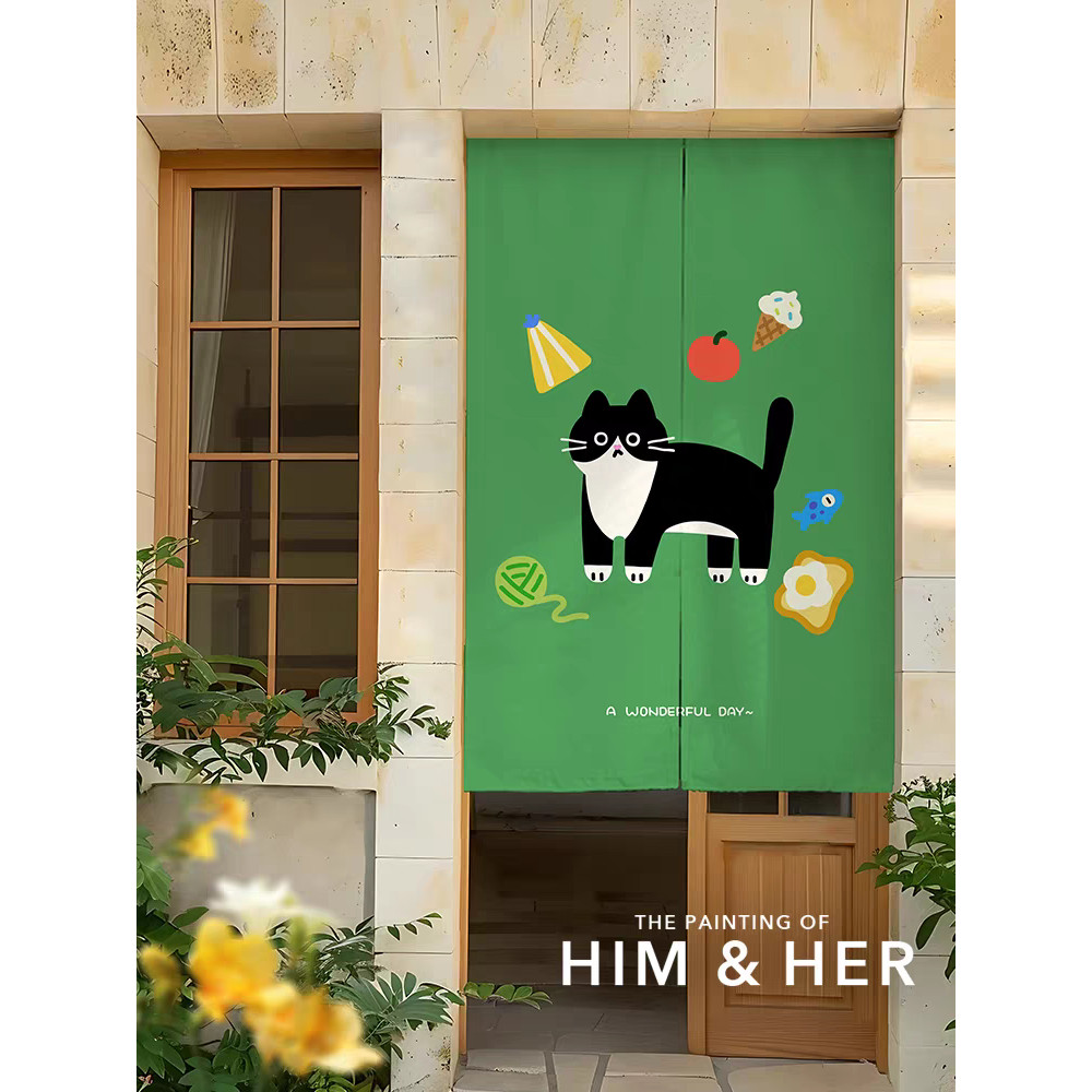 Aesthetic Green Cat Noren Curtain, การ์ตูนสีดําและสีขาวแมวผ้าครึ่งผ้าม่านสําหรับห้องครัว/ทางเข้า, Pe