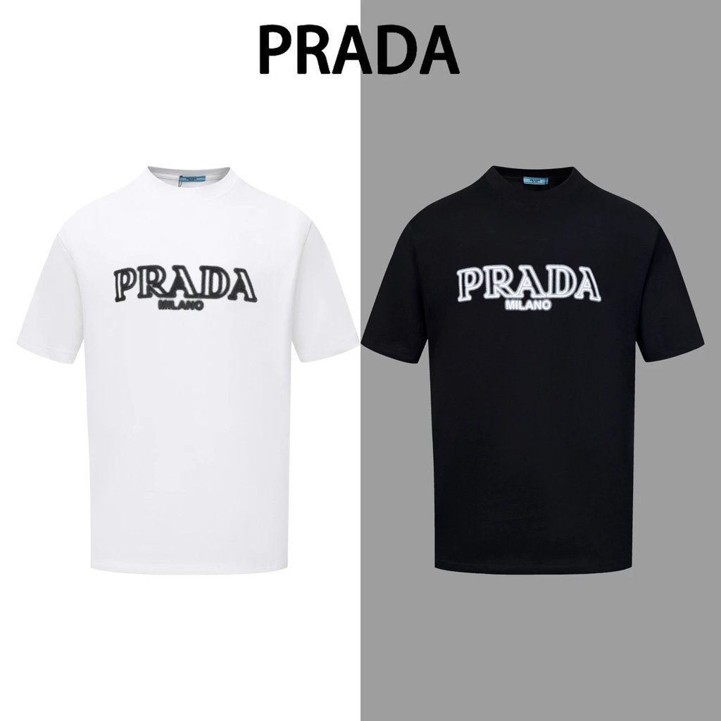 Inkjet พิมพ์ตัวอักษรแบบเดียวกับโลโก้สุภาพสตรีครึ่ง oss ซิลิโคน Prada p-Shirt เสื้อยืดขนาดใหญ่สินค้าห