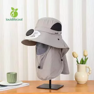 Louislifecool หมวกพัดลมผู้ชายพร้อมแผงโซลาร์เซลล์หมวกผ้าคลุมไหล่ปีกกว้างป้องกันรังสียูวีหมวกกลางแจ้งใหม่