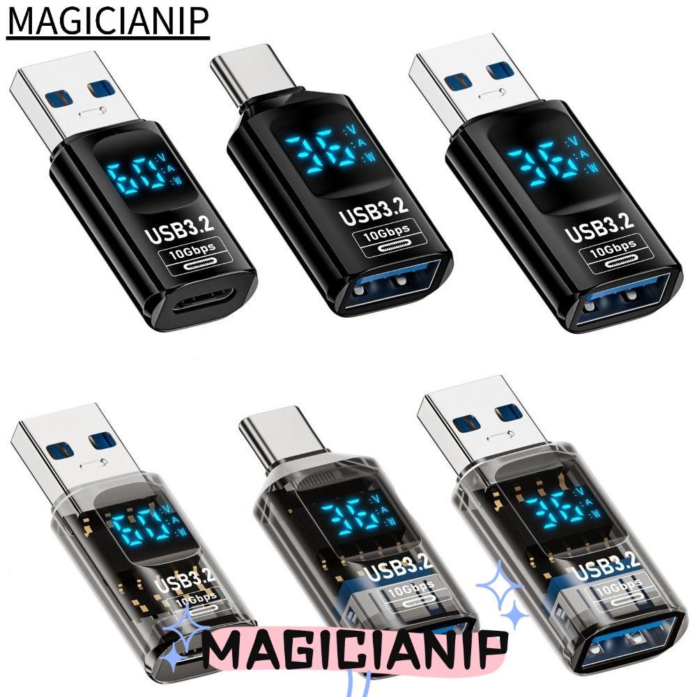 MAGICIANIP 1 ชิ้น USB 3.2 อะแดปเตอร์, จอแสดงผล LED ดิจิตอล 10Gbps Power Meter Tester, คุณภาพสูง 36-60W สมาร์ทชิปส่งข้อมูล USB C ส่วนขยายโทรศัพท์มือถือ
