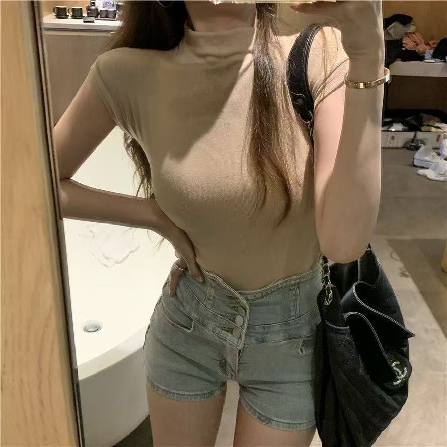 เสื้อยืดแขนสั้นคอล์สูงสำหรับผู้หญิง ทำจากผ้าฝ้ายแท้ 210g (92% Cotton / 8% Spandex)