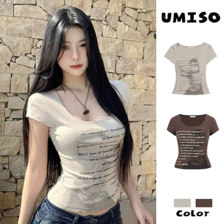 UMISO ส่งไวจากไทย เสื้อแขนสั้น ลายตัวอักษร อเมริกันวินเทจ สไตล์เกาหลี เซ็กซี่ ใส่แล้วสวย