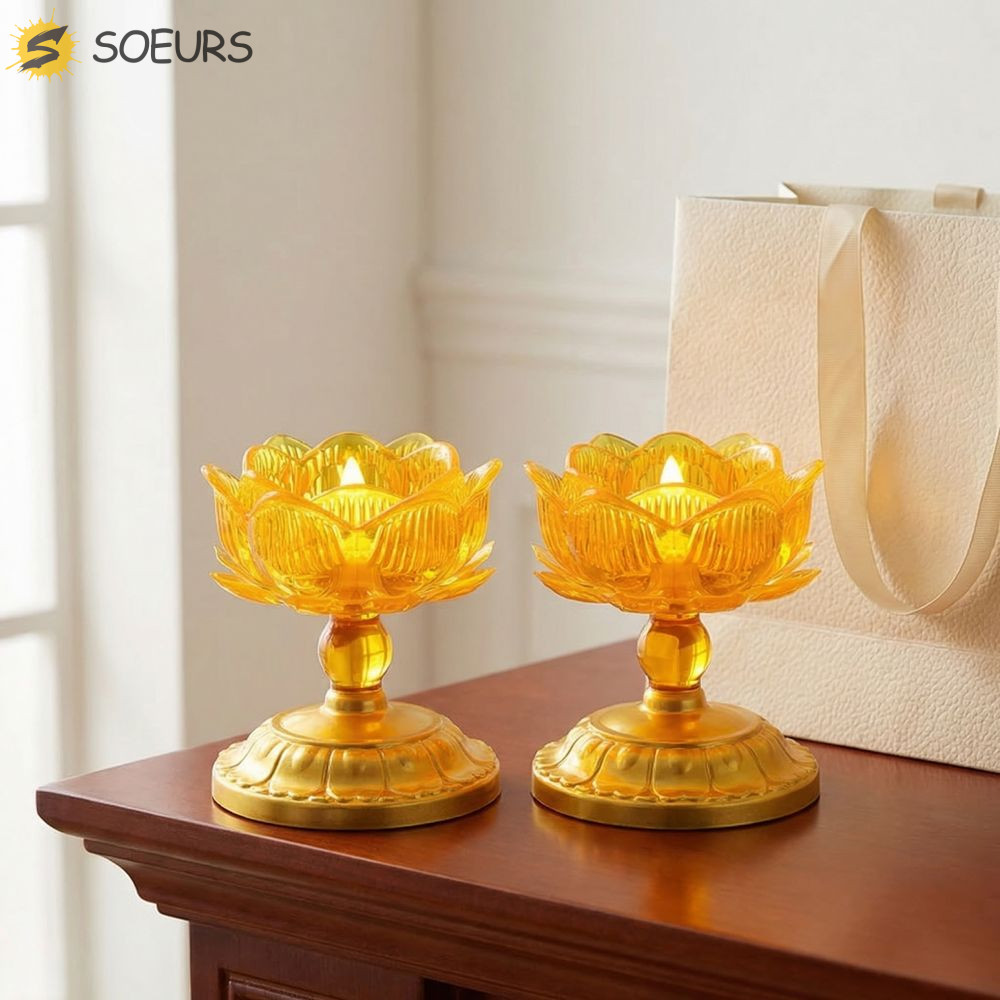 SOEURS เครื่องประดับโคมไฟดอกบัวอิเล็กทรอนิกส์ 2 ชิ้น, ชุดกระถางธูปอิเล็กทรอนิกส์แบบใช้แบตเตอรี่สร้างสรรค์, ไฟเทียนไฟฟ้า LED ตกแต่งแบบพกพากันน้ํา