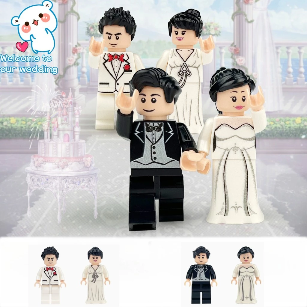 4ชิ้นแต่งงานชุดเจ้าสาวและเจ้าบ่าวรูปอนุภาคขนาดเล็กอาคารบล็อกการศึกษา ทําเอง ประกอบของเล่น