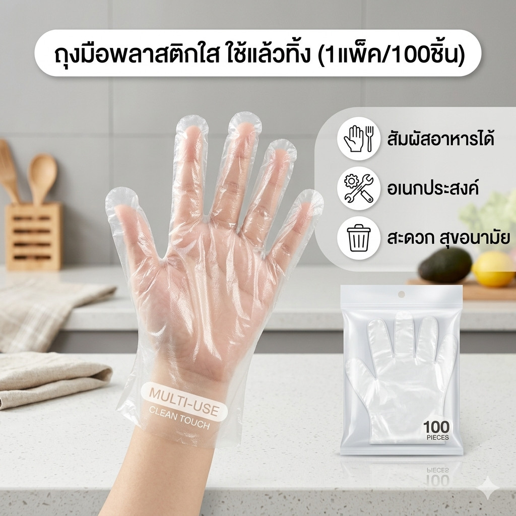 🖐 ถุงมือพลาสติก ใช้แล้วทิ้ง แบบใส ( แพ็ค100ชิ้น ) 🖐 #E-0036