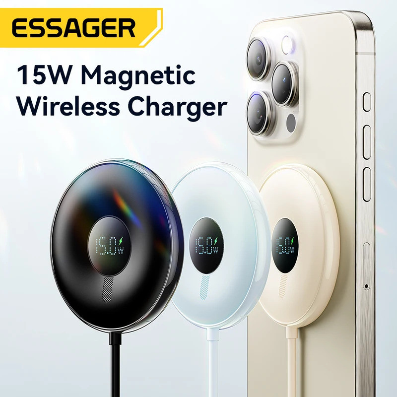 Essager 15W Magnetic Wireless Charger สําหรับ 15 14 13 Pro Max จอแสดงผลดิจิตอลแท่นชาร์จไร้สายสําหรับ
