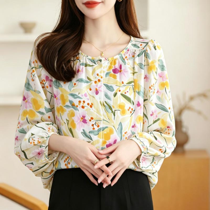 เสื้อสตรีคอกลมแขนพัฟ ลายดอกไม้ ทำจากผ้าชีฟองน้ำหนักเบา ระบายอากาศดี สไตล์สำหรับทุกวัน พร้อมไซส์ M-XXXL