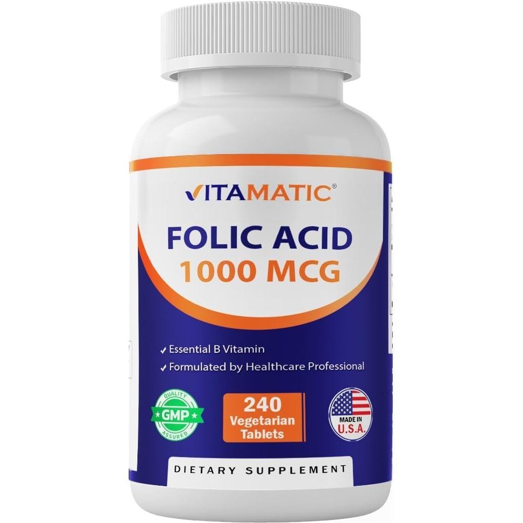 Vitamatic Folic Acid 1000 mcg (1 mg) - เม็ดมังสวิรัติ - 1667 mcg DFE - วิตามิน B9 (240 Count (แพ็ค 1