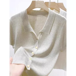 ฤดูร้อนใหม่ผู้หญิงนุ่มสีทึบสบายๆโปโลคอปกแขนสั้นด้านบน 260428