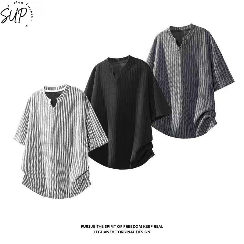 เสื้อยืดบุรุษแขนสั้น ลายก้างปลา ทรงหลวมระบายอากาศ สไตล์ย้อนยุคสำหรับฤดูร้อน