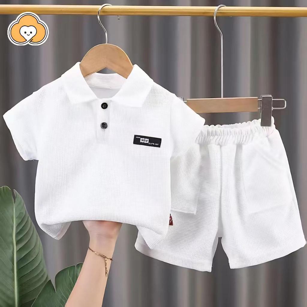 [Cotton Life]ชุดเด็กผู้ชายเรียบง่าย ทนทาน ระบายอากาศดี ชุดเสื้อ+กางเกงฤดูร้อน