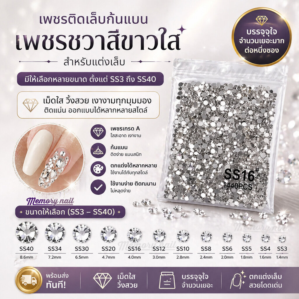 ( สีขาว *เพชรชวาซองใหญ่ New ถูก) เพชรชวาสีขาว เพชรใสแต่งเล็บ ss3-ss40 เพชรชวา เพชรติดเล็บ อะไหล่ติดเล็บ อุปกรณ์แต่งเล็บ