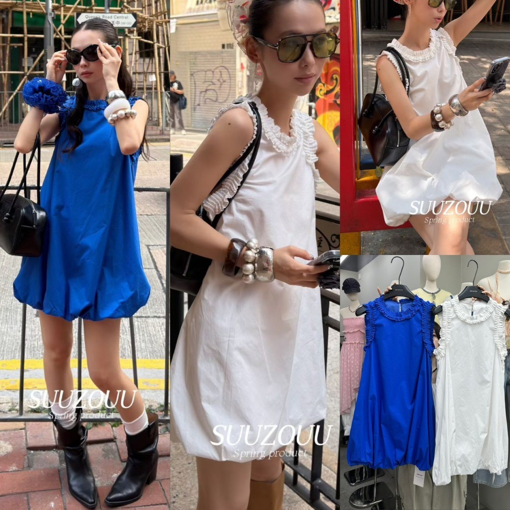 ❤ 🧵 🇰🇷 SU205 เดรสสั้นแขนกุด แต่งผ้าที่ขอบคอและแขน ชายแต่งทรงบอลลูน ผ้าดีทรงสวย แฟชั่นเกาหลี TAG MM Fish 🧡