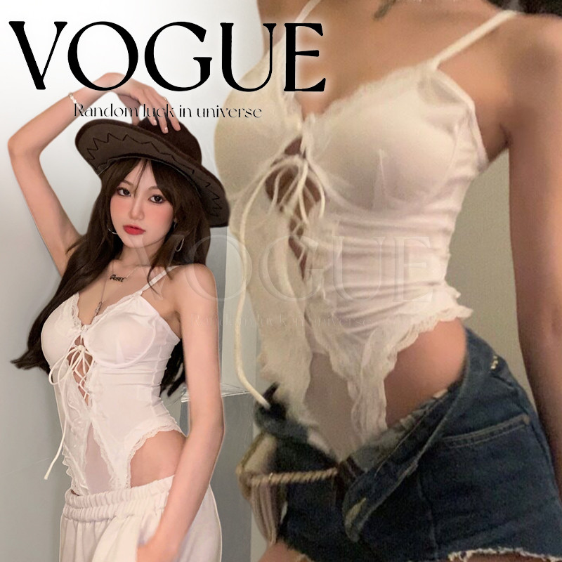 Vogue🌟พร้อมส่ง🌟 ชุดบอดี้สูทสายเดี่ยว ขอบลายลูกไม้แต่งสายเก๋ๆ ใส่เที่ยวแมตได้ทุกลุค (FY5132)