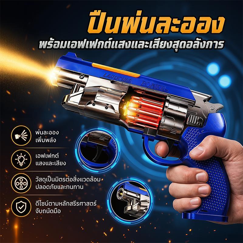 【จัดส่งจากกรุงเทพฯ】ปืนของเล่นไฟฟ้าคุณภาพสูงพร้อมสเปรย์ ไฟ และดนตรี การออกแบบแบบลูกโม่ การสั่น และใช้พลังงานจากแบตเตอรี่
