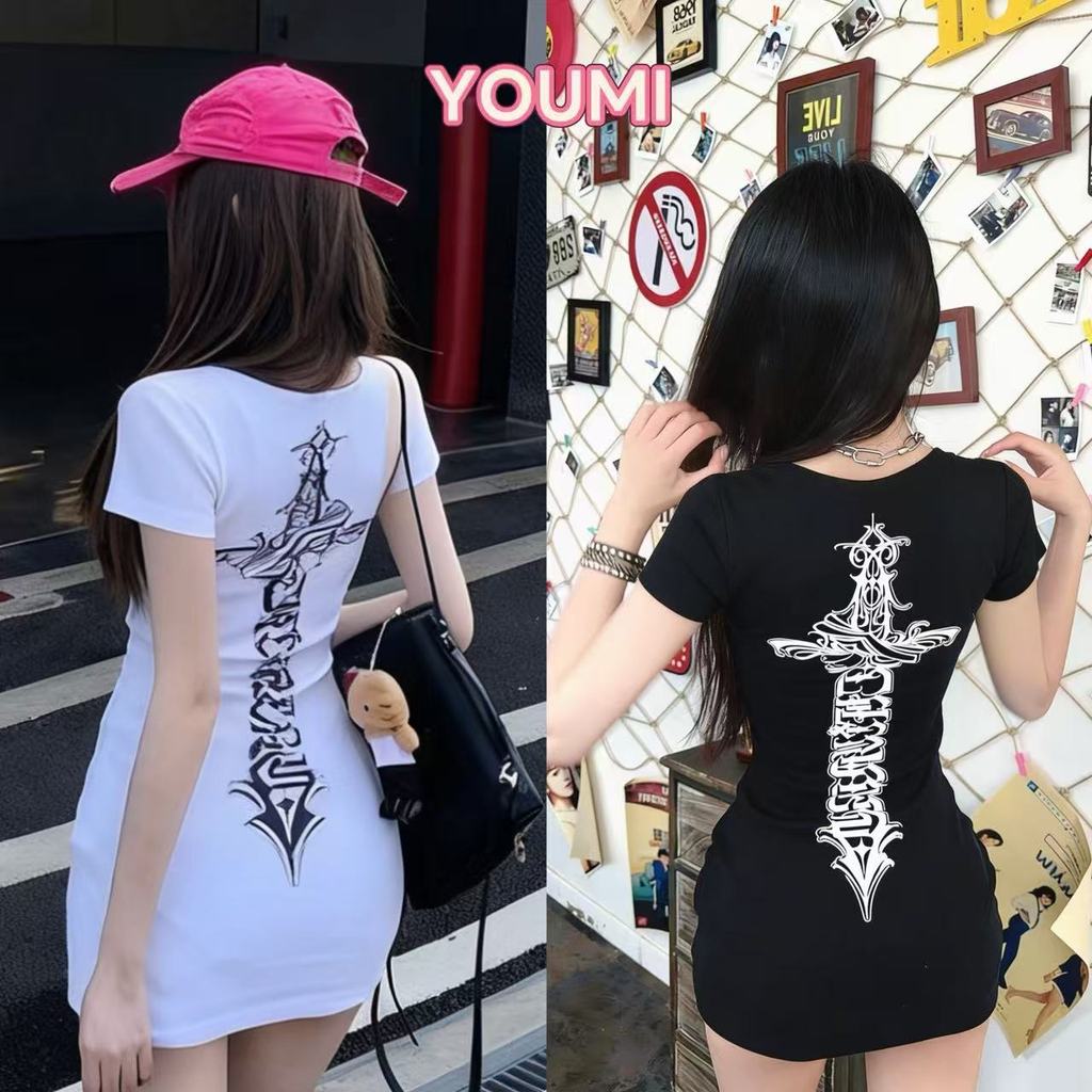 YOUMI ส่งไวจากไทย เสื้อยืดผู้หญิง แขนสั้น พิมพ์ลายกางเขน สไตล์อเมริกัน หวานเซ็กซี่ ใส่แล้วสวย