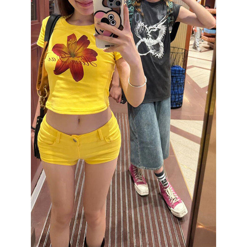 cicishop1 กางเกงขาสั้นสบาย Korean shorts Dopamine Classy Wear Yellow Denim Super Shorts ผู้หญิงฤดูร้