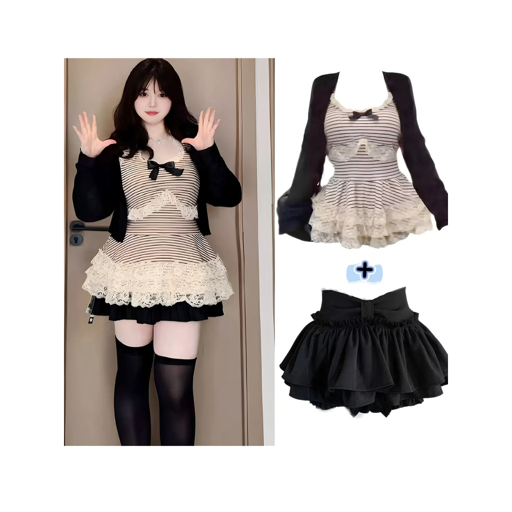 beary top เสื้อกั๊ก Halter สำหรับผู้หญิง ชุดสูทสามชิ้นผู้หญิง Pure Desire สไตล์ Slimmer ดูลูกไม้ลาย Halterneck Laced-Up Top + Cardigan + กระโปรงชุด Amoi