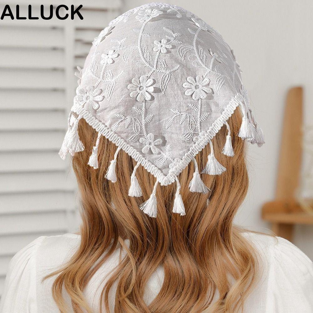 ALLUCK Wrap Scarf, Openwork White Lace Triangle Hair Head, Sweet Cloth Head Scarf