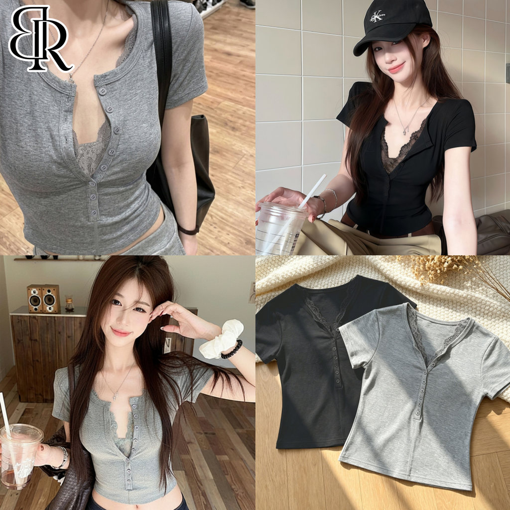B&R พร้อมส่ง เสื้อลูกไม้สุดเซ็กซี่สำหรับฤดูร้อน เสื้อยืดแขนสั้นทรงเข้ารูปคล้ายเสื้อสองชิ้น เสื้อคอวีคอเปิดครึ่ง