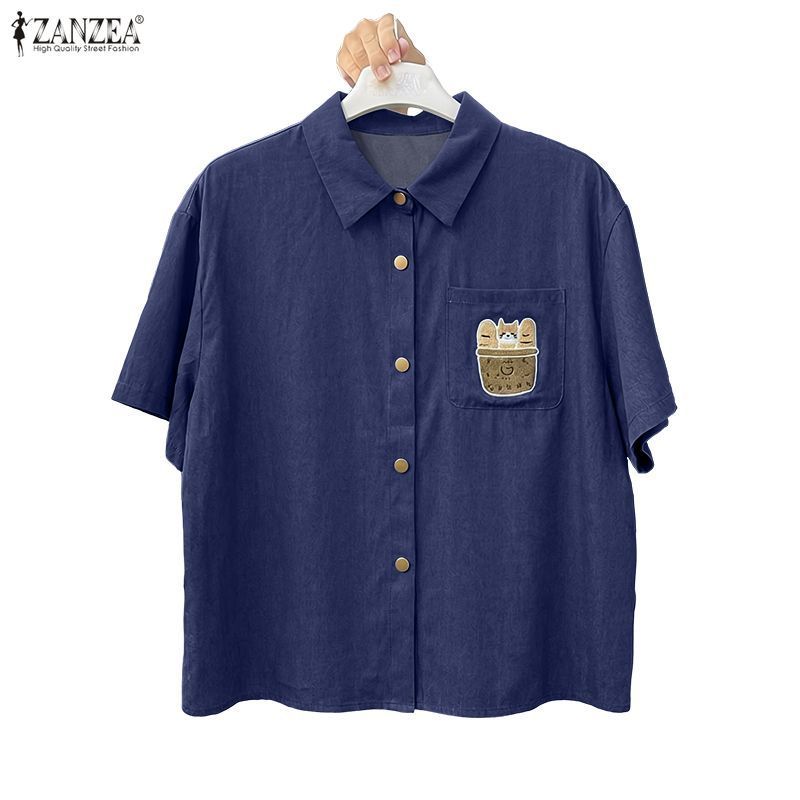 ZANZEA เสื้อเชิ้ตแขนยาวพิมพ์ลายแขนยาวสไตล์เกาหลีของผู้หญิง