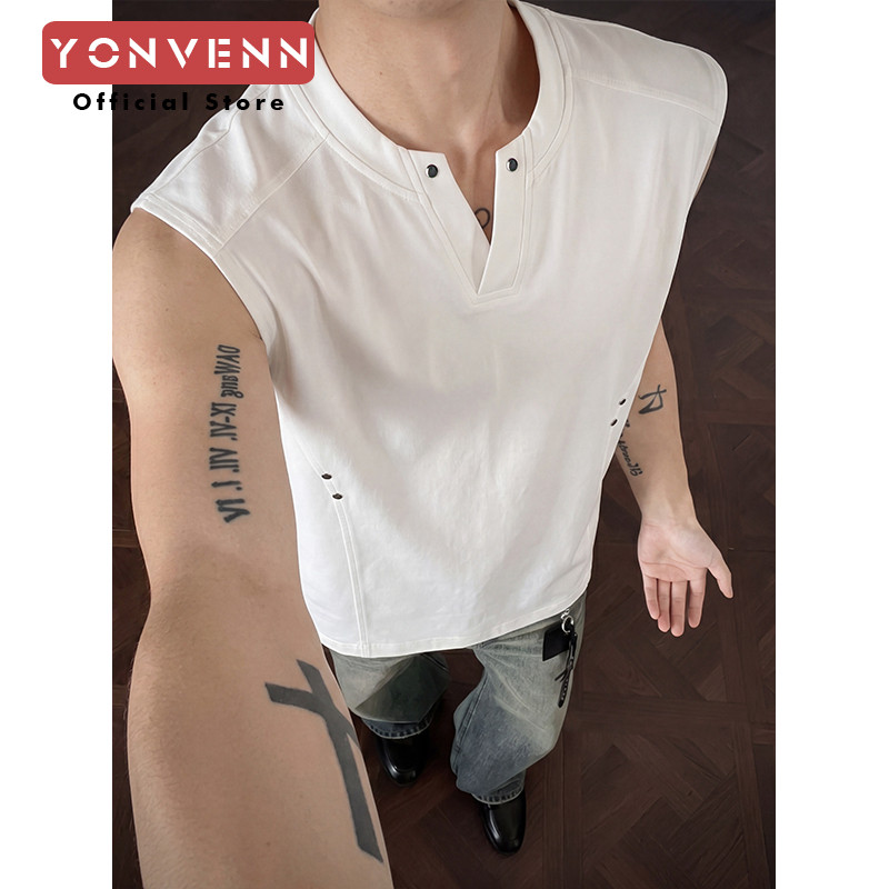 ฤดูร้อนผู้ชายเสื้อยืดด้านบนอเมริกันย้อนยุค การทําลายล้าง ออกแบบ หมุดย้ํา เสื้อกั๊กแขนกุดเสื้อกั๊กกีฬา