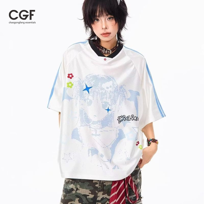 BOOBOS-FASHION Jersey เสื้อยืดแขนสั้นหลวมคอวีลําลอง Y2g Millennium สไตล์ Top