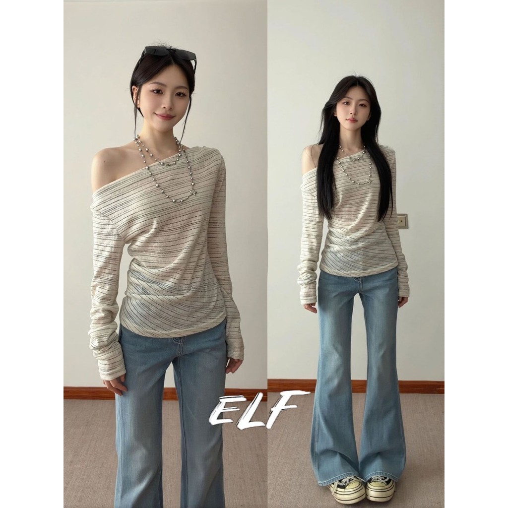 เสื้อยืดแขนยาวลายทางเปิดไหล่สไตล์เกาหลี