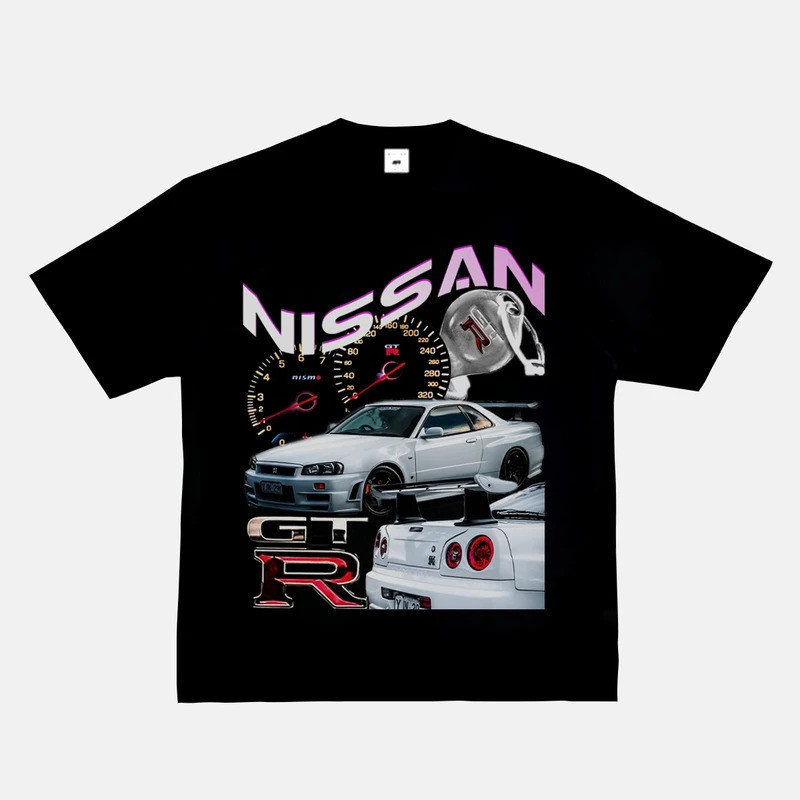 เสื้อยืดแขนสั้นสีดำขาวลายรถ RWB สไตล์ JDM Car Culture ฮิปฮอปอเมริกัน คอเล็ก ทรงวินเทจ