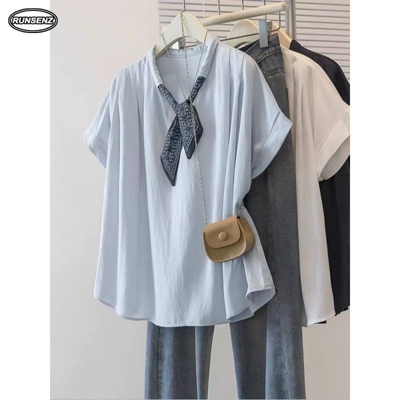 M-4XL Plus ขนาดหลวมแขนสั้นเสื้อยืดผู้หญิง Elegant V คอผ้าพันคอผ้าไหม Top