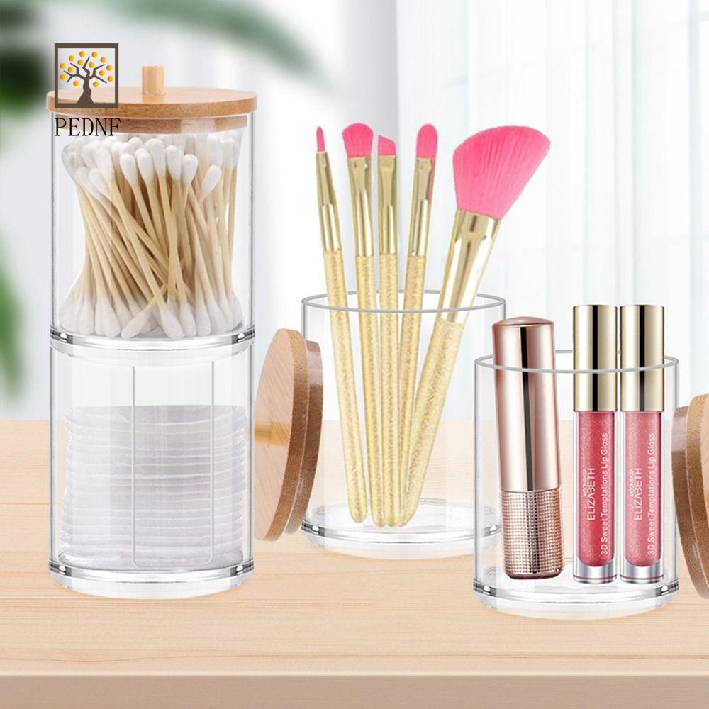 PEDNF Qtips ผู้ถือเครื่องสําอางอะคริลิคเครื่องประดับมัลติฟังก์ชั่นพร้อมฝาปิดไม้ไผ่สําหรับอุปกรณ์ห้อง