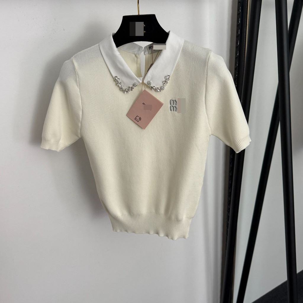MMU * Temperament Slim-fit น่ารัก Dopamine ผู้หญิงปักเพชรตุ๊กตาคอปกแขนสั้นเสื้อกันหนาว