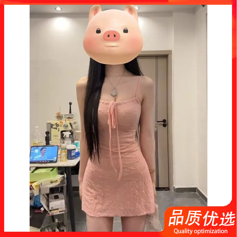 [อืม] พร้อมสต็อก~ฝรั่งเศสหวานเซ็กซี่สลิงชุดสีชมพูหญิงฤดูร้อนรูปแบบใหม่ลูกไม้ขึ้นเนื้อแคบ-เอว ผอมลง ดูกระโปรงสั้น
