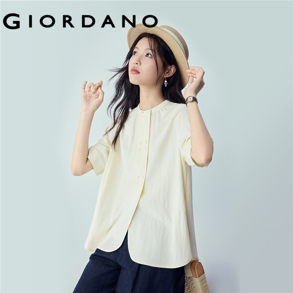 GIORDANO WOMEN Ruffle mandarin collar short sleeve shirt 18346219