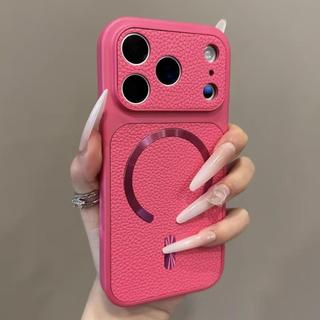 Casing Ponsel Kulit PU Motif Leci Sederhana Untuk IPhone 11 12 13 14 15 16 17 Pro Max Pengisian Daya Nirkabel Magnetik Tipis