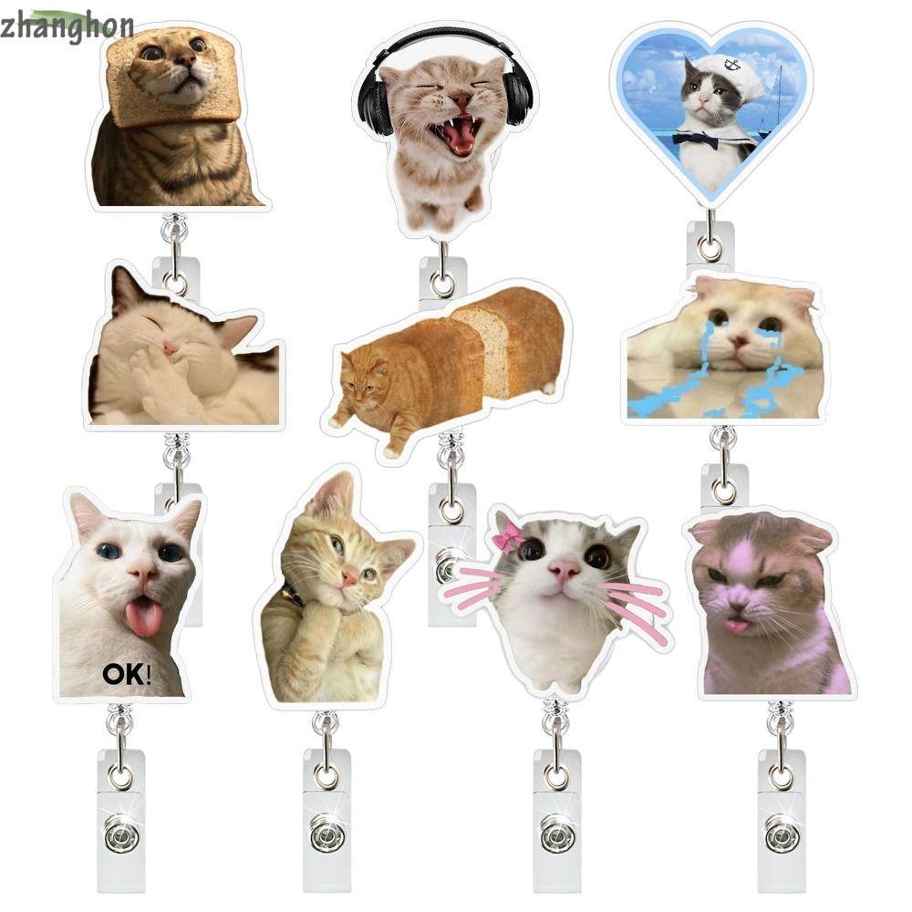 ZHANGHONG พวงกุญแจแมว, อะคริลิคแบบพับเก็บได้ Memes Badge Reels, ของขวัญแมว Memes Series Lanyard ชื่อ