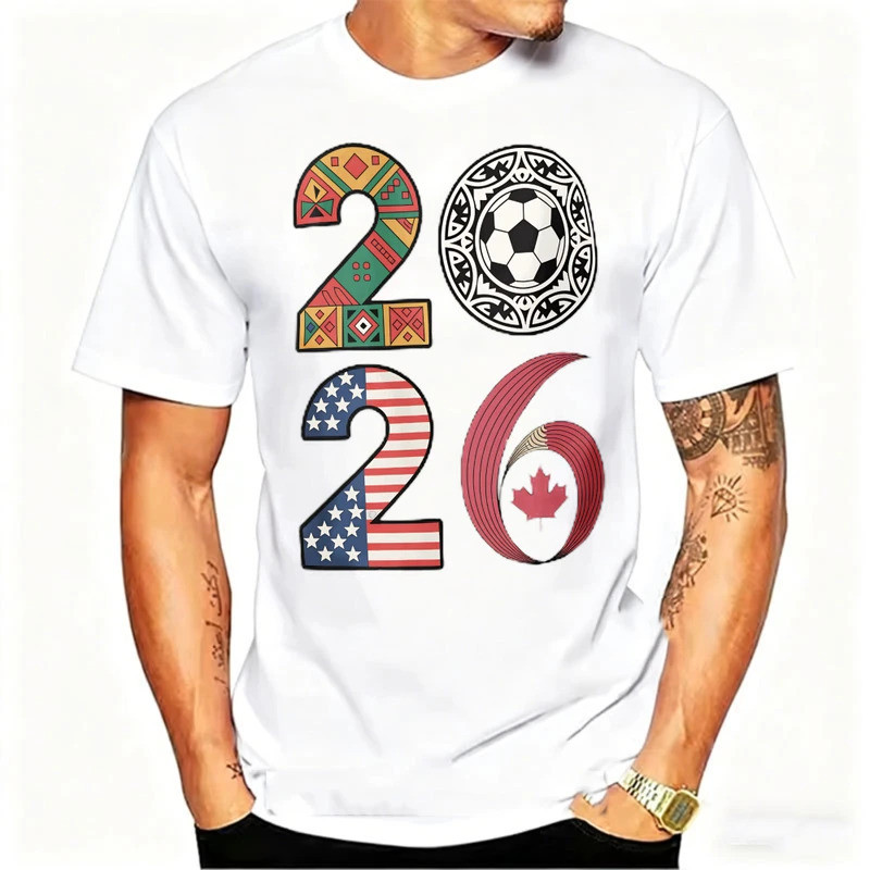 เสื้อยืดฟุตบอลโลก 2026 ลายตัวเลข 2026 สไตล์เม็กซิกัน-อเมริกัน-แคนาดา ผ้าฝ้ายแท้ คอกลม สีหลายสี สไตล์กีฬา มีไซส์ S-5XL
