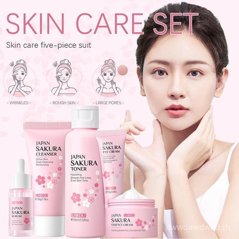 5 ชิ้นของขวัญกล่อง Cherry Blossom Sakura Skin Care ชุดคอลลาเจน Eye Cream Serum Facial Cleanser Toner
