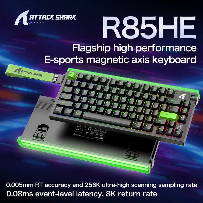 R85 ATTACK SHARK R85HE คีย์บอร์ดแม่เหล็กแบบมีสาย 0.0005 มม.RT 8K + Hz 256K RGB คีย์บอร์ดเกม Neon Lig