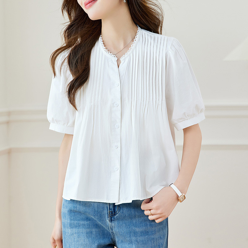ผ้าฝ้าย Cocoon 2026v คอแขนสั้นเสื้อสีขาวผู้หญิงบางสไตล์พัฟแขน Chic Top เสื้อผู้หญิง LYAJIE26422 CRCL