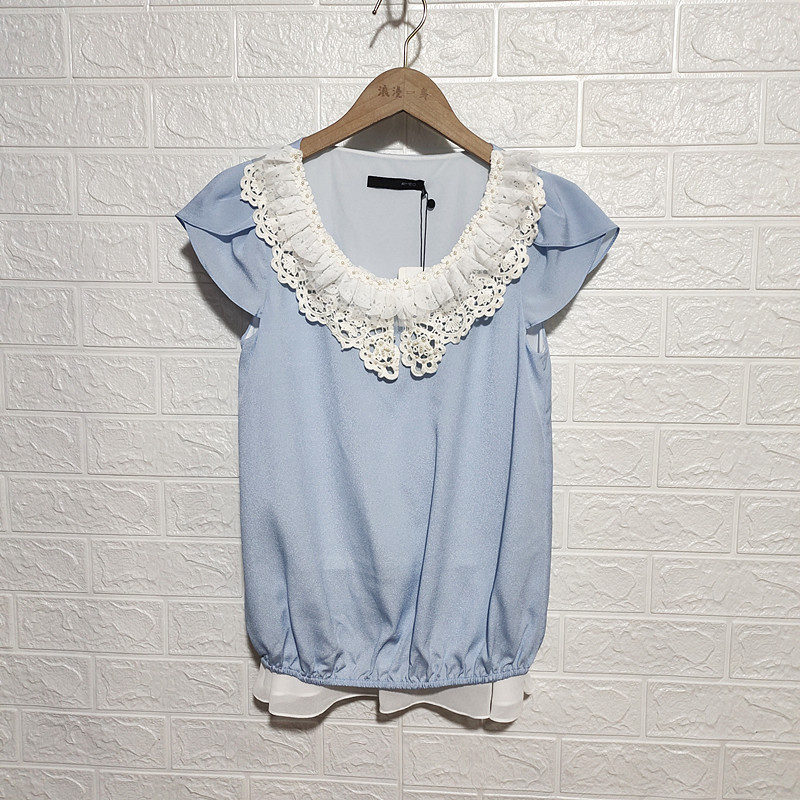 RME/Romantic ฤดูร้อนเสื้อลําลองขนาดเล็กผู้หญิงบางลูกไม้คอด้านบนซับชีฟองเส้นด้าย All-Match