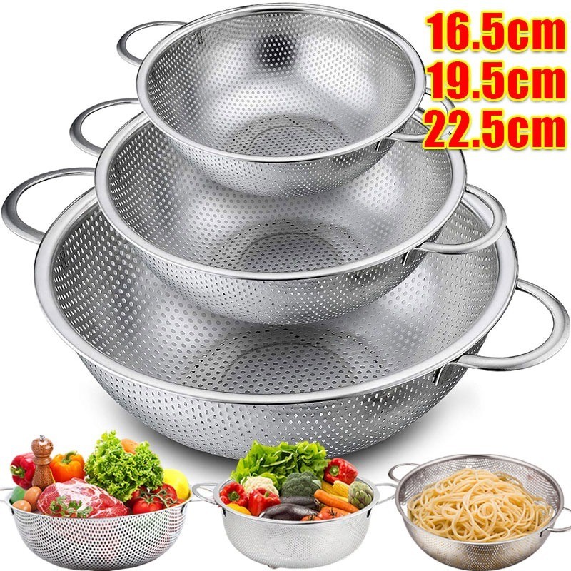 ตะกร้าสะเด็ดน้ำสแตนเลส / ตะกร้าล้างผักและข้าว / ตะแกรงสะเด็ดน้ำสำหรับห้องครัว แบบมีหูจับ
