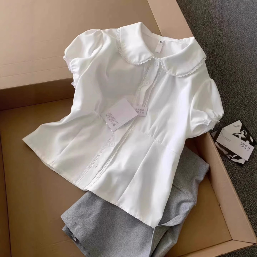 เสื้อคอปกตุ๊กตาสีขาวสำหรับOOTD เอวแคบ สลิมฟิต แขนสั้น