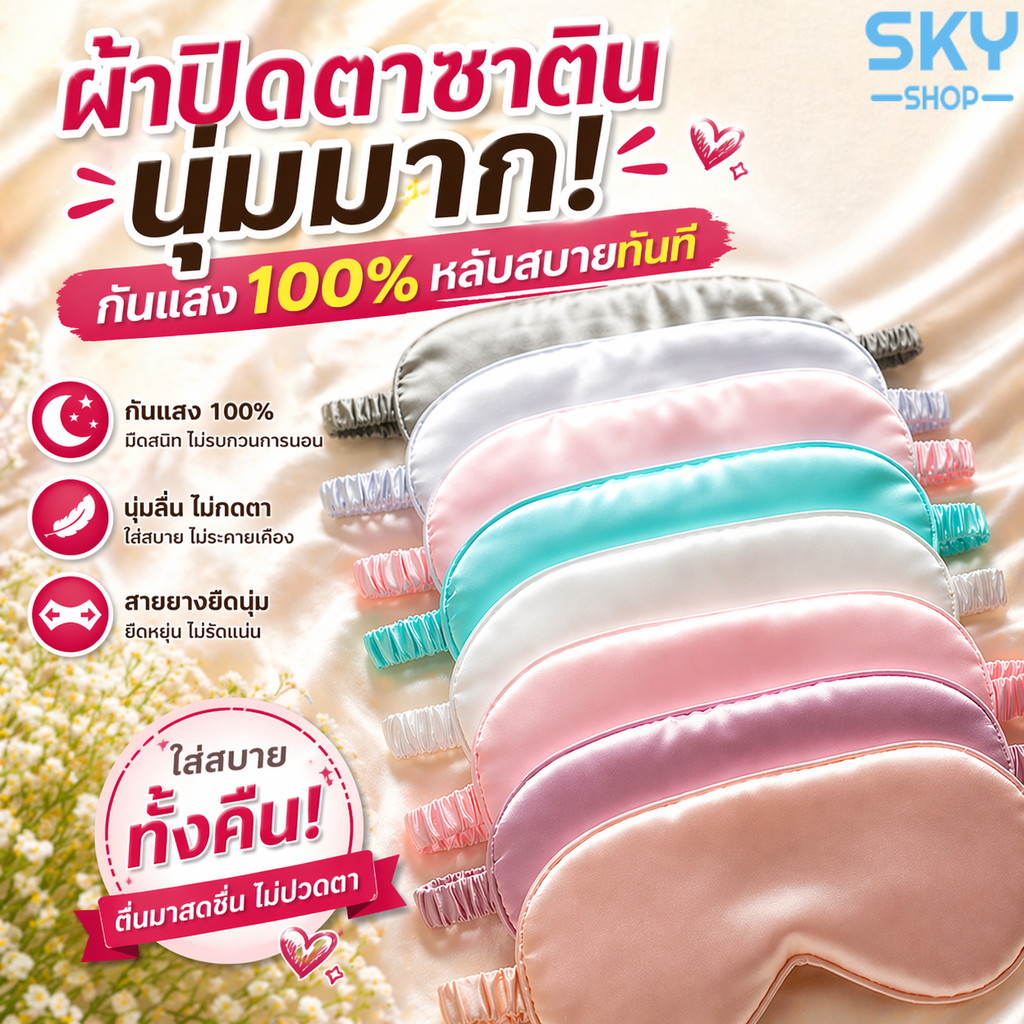SKY ผ้าปิดตาซาติน กันแสง 100% นุ่มลื่น ไม่กดตา สายยางยืด ใส่สบาย หลับสนิท Sleep Mask Eye Mask