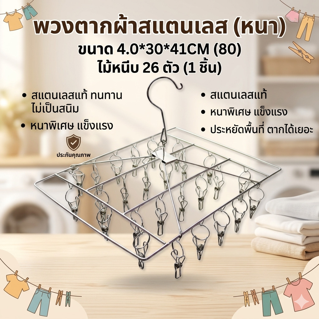 พวงตากผ้า สแตนเลสสี่เหลี่ยม(หนา) 4.0*30*41CM (80) ไม้หนีบ26 ตัว (WCW-28)(1ชิ้น)