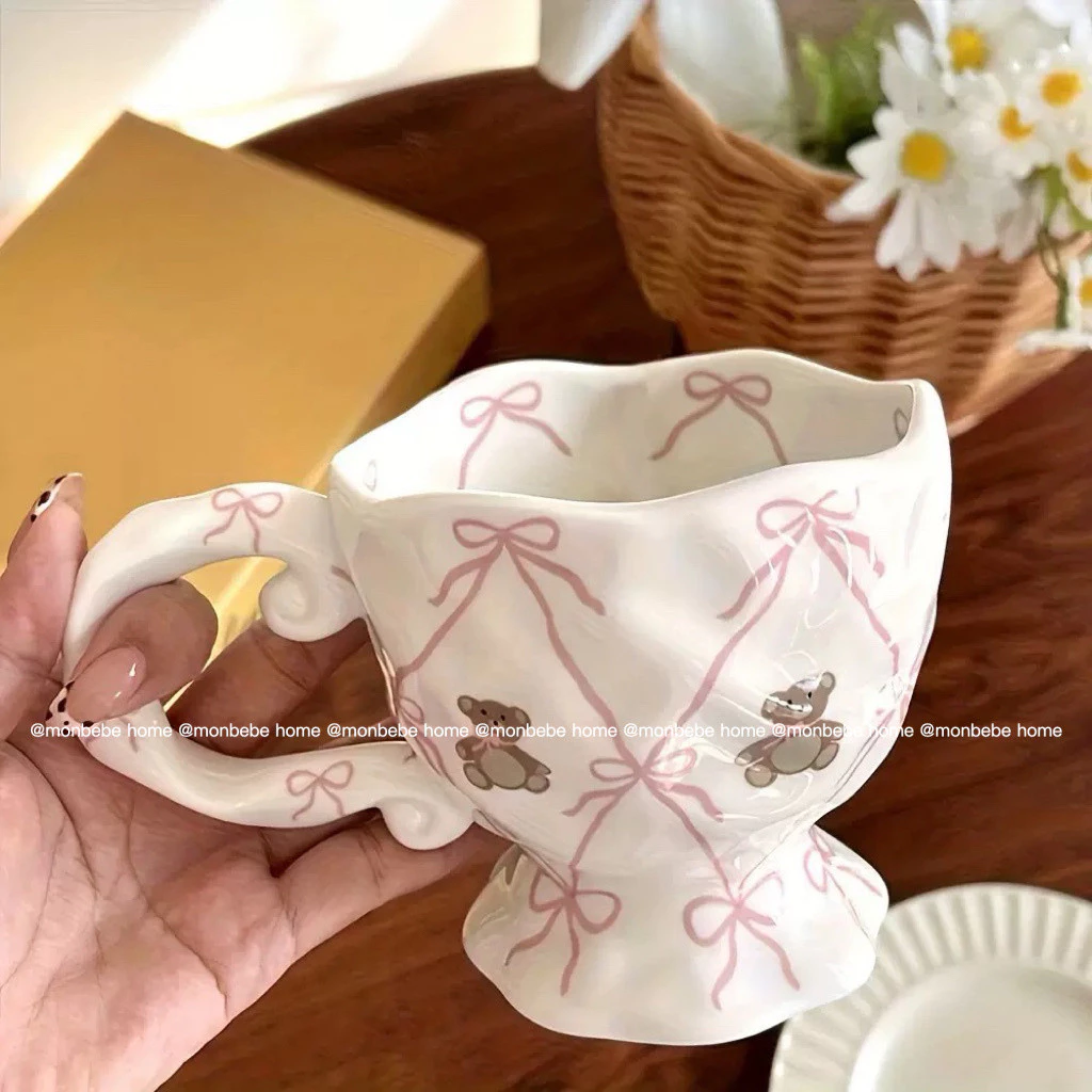 แก้วมินิมอล แก้วเซรามิค แก้วนม แก้วกาแฟ แก้วน่ารัก ใช้ไมโครเวฟได้หมีโบว์🎀 พร้อมส่ง