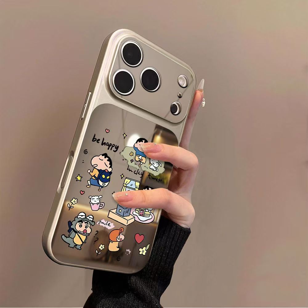 เคสโทรศัพท์กระจกเครยอนชินจังเหมาะสําหรับiPhone 11 12 13 14 15 16 17 pro Maxน่ารักการ์ตูนSoft ShellกันกระแทกTPU
