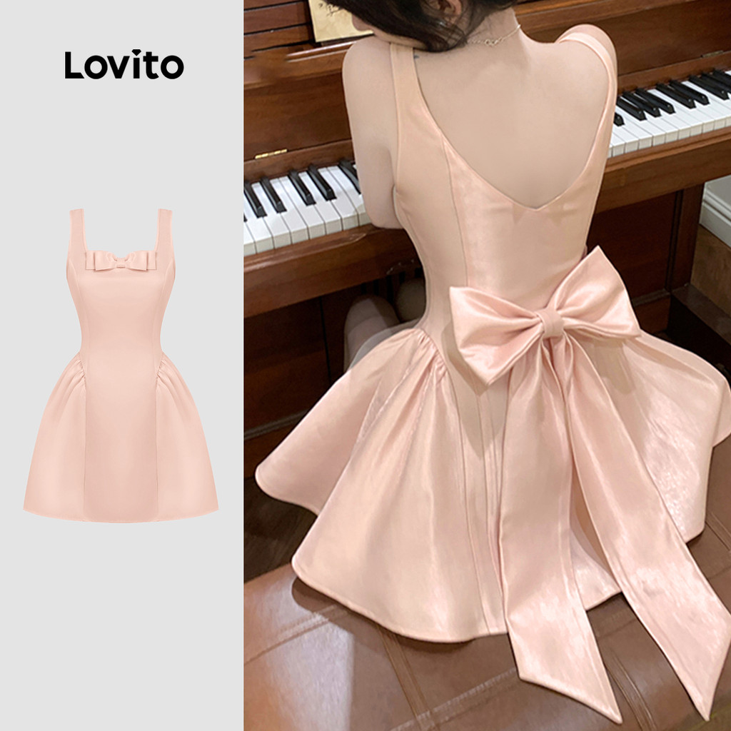 Lovito เดรสสีชมพูอ่อนสําหรับฤดูใบไม้ผลิ/ฤดูร้อน ดีไซน์ผูกโบว์ด้านหลัง เปิดหลังระบายชายกระโปรง LK3ED1956