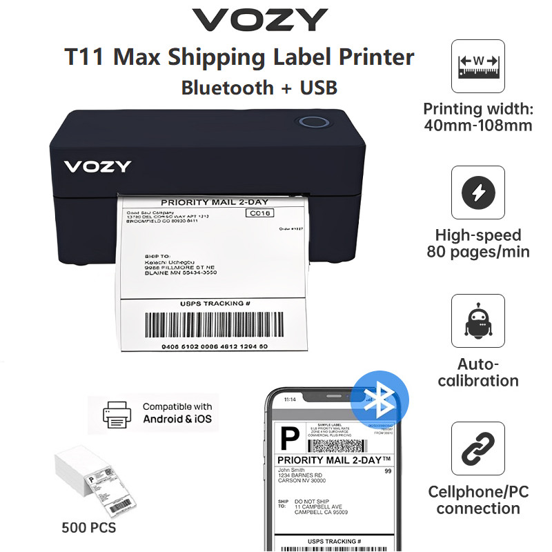 เครื่องพิมพ์ฉลากสินค้า ฉลากยา VOZY T6/T7/T11 WiFi+Bluetooth+USB ใบปะหน้า Shopee บาร์โค้ด ไม่ใช้หมึกประกันไทย Thermal Printer เครื่องพิมพ์ฉลากความร้อน
